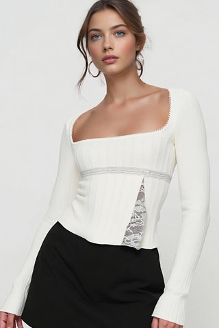 Ribbed Long-Sleeve Blouse with Lace Detail