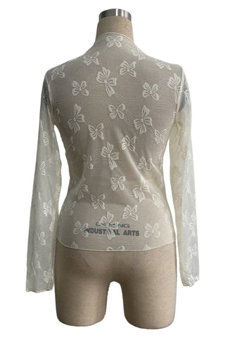 Bow Pattern Sheer Long Sleeve Top