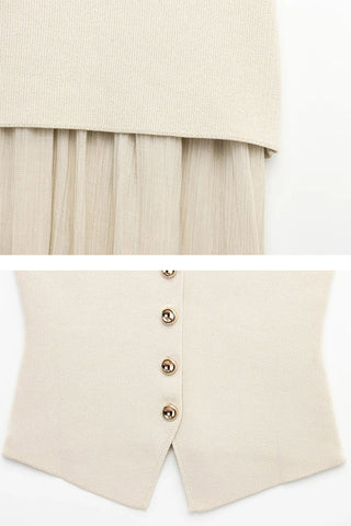 Button Vest and Pleated Skirt Set