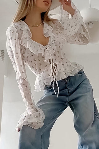 Floral Ruffle Tie-Front Blouse