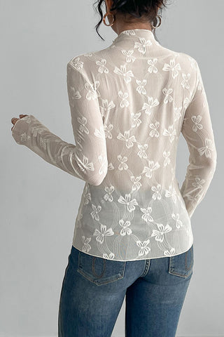 Bow Pattern Sheer Long Sleeve Top