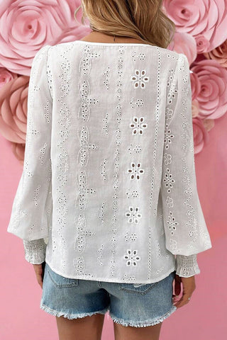 Eyelet Smocked Cuff Sheer Blouse
