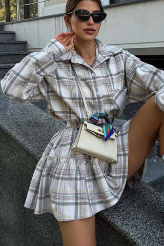 Button-Up Plaid Skirt Set
