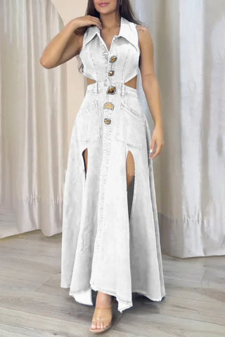 Cutout Belted Denim Maxi Dress