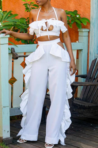 Ruffled Crop Top and Wide-Leg Pant Set
