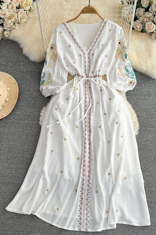 Embroidered Drawstring Maxi Dress