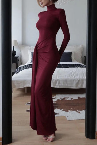 Elegant Mock-Neck Ruched Maxi Dress
