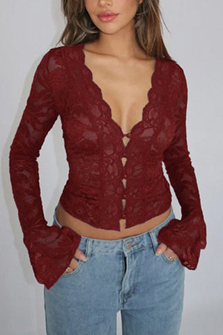 Lace-Detail Sheer Blouse with Long Sleeves
