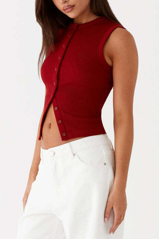 Button-Front Sleeveless Crop Top