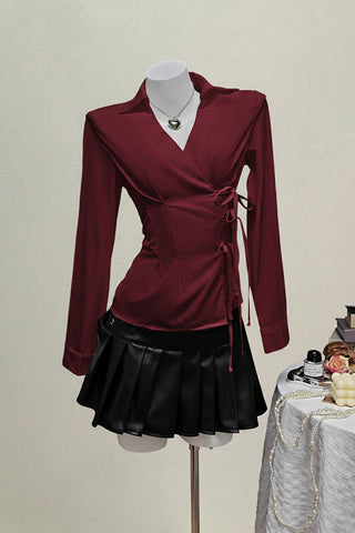 Lace-Up Front Long Sleeve Blouse