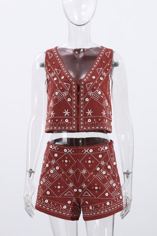 Geometric Print V-Neck Short Set