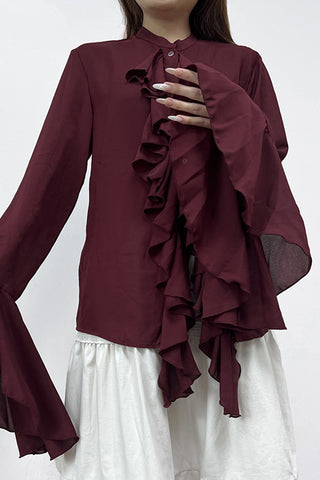 Ruffled Front Blouse with Flared Sleeves