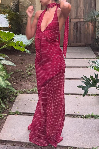 Halter Neck Polka Dot Maxi Dress