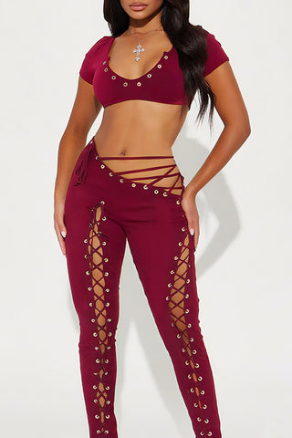 Eyelet Lace-Up Crop Top and Pants Set