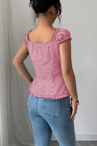 Ruched Sleeve Striped Button-Down Blouse