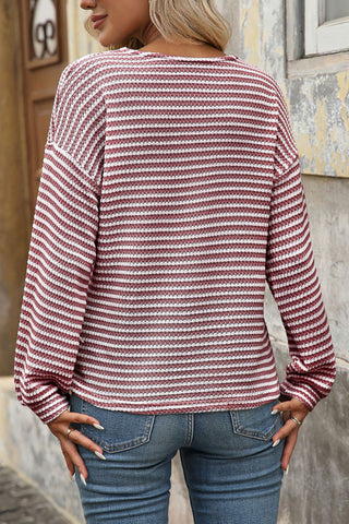 V-Neck Buttoned Striped T-Shirt