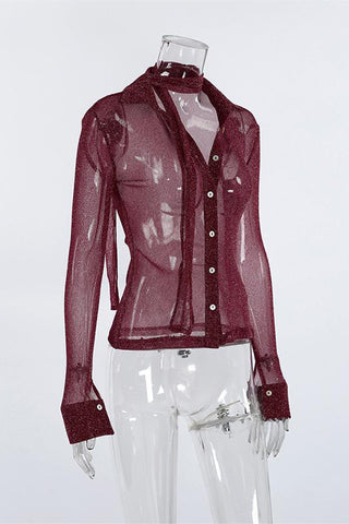 Sheer Button-Up Blouse with Choker