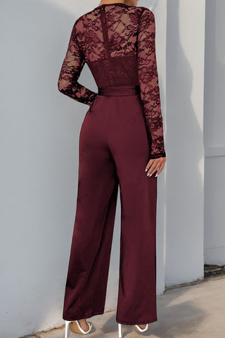 Lace Long-Sleeve Belted Jumpsuit