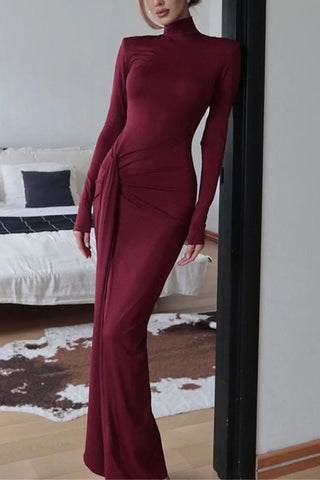 Elegant Mock-Neck Ruched Maxi Dress