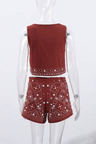 Geometric Print V-Neck Short Set