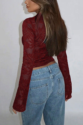 Lace-Detail Sheer Blouse with Long Sleeves