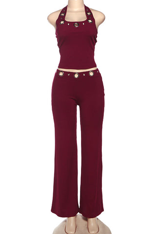 Halter Neck Eyelet Pants Set