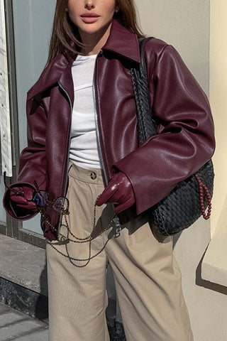 Zip-Front Cropped Faux Leather Jacket