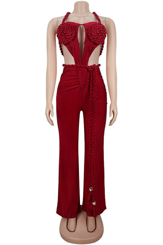 Elegant Tie-Front Jumpsuit with Rosette Accents