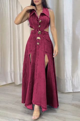 Cutout Belted Denim Maxi Dress