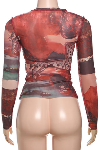 Printed Long-Sleeve Mesh Top