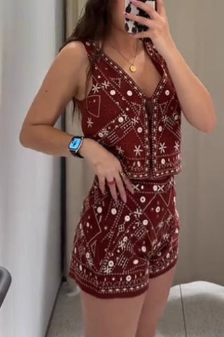 Geometric Print V-Neck Short Set