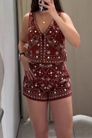 Geometric Print V-Neck Short Set