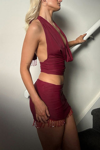 Ruched Skirt Set with Tassels