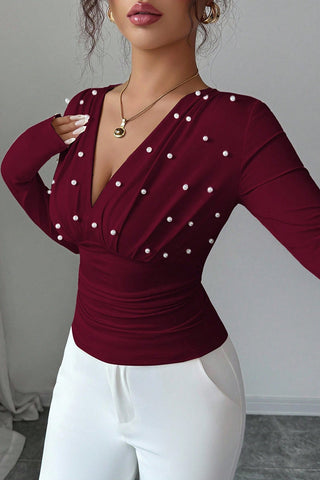Pearl-Embellished V-Neck Blouse
