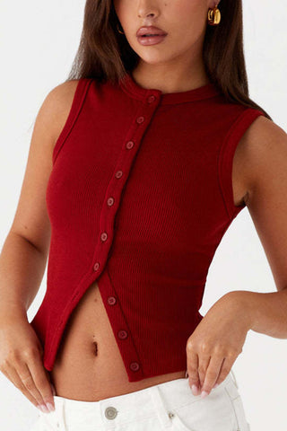 Button-Front Sleeveless Crop Top