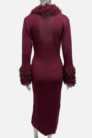 Fringed Collar Knit Midi Dress