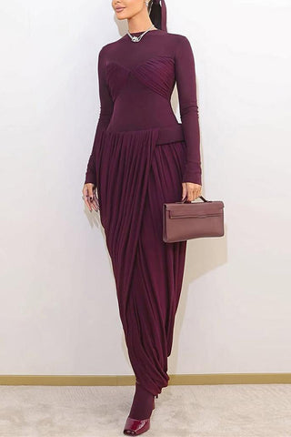 Draped Long-Sleeve Evening Dress