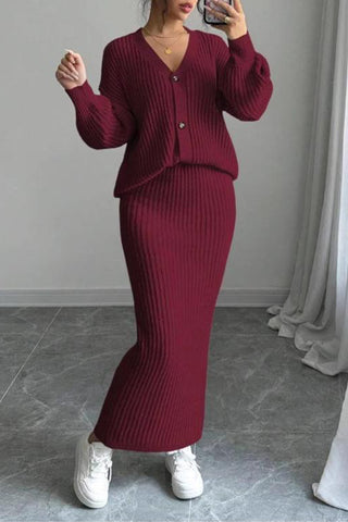 Button-Up Ribbed Skirt Set