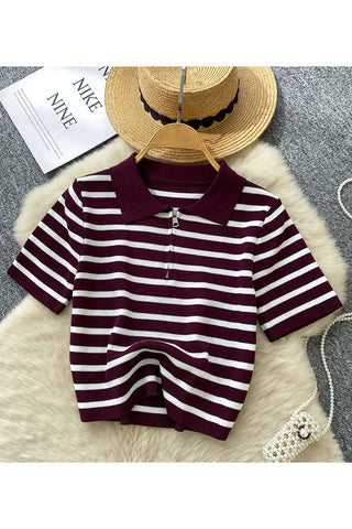 Striped Polo T-Shirt with Zip Detail