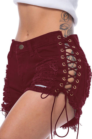 Lace-Up Distressed Denim Shorts