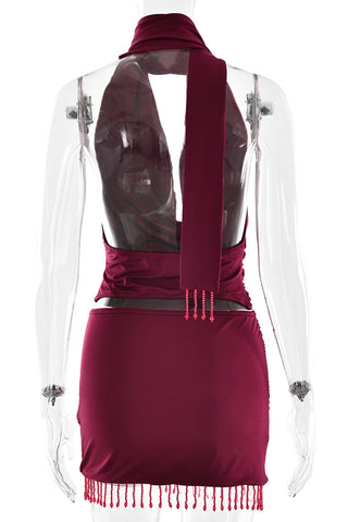Ruched Skirt Set with Tassels