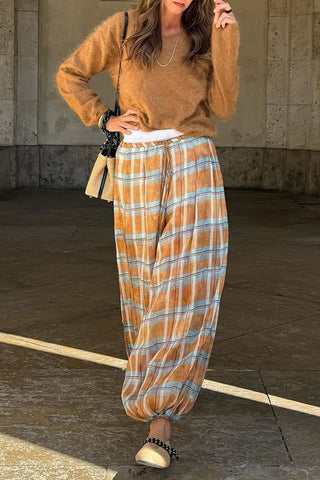 Elastic-Waist Plaid Casual Pants