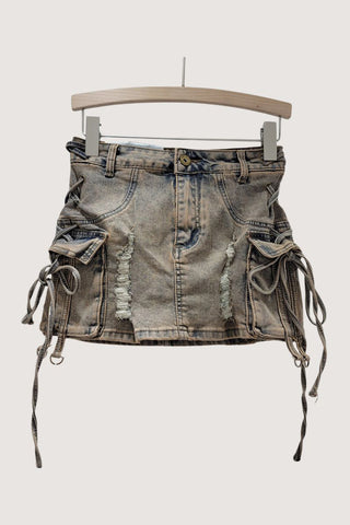 Distressed Denim Mini Skirt with Side Ties