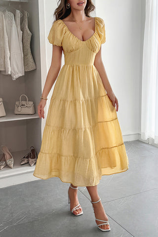 Puff Sleeve Tiered Midi Dress