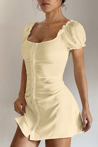 Buttoned Puff Sleeve Casual Dress
