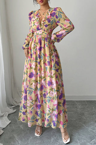 Floral Print V Neck Casual Maxi Dress