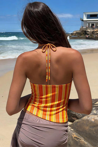 Striped Lace-Trim Halter Cami