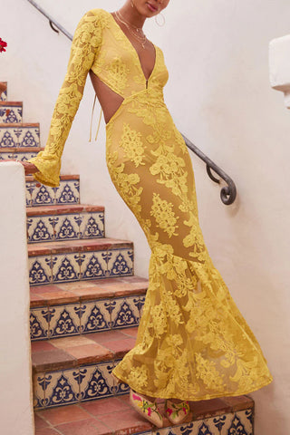 Plunge Neck Lace Dress with Florals