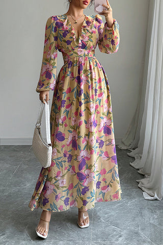 Floral Print V Neck Casual Maxi Dress