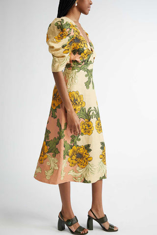 Floral Puff-Sleeve Midi Dress